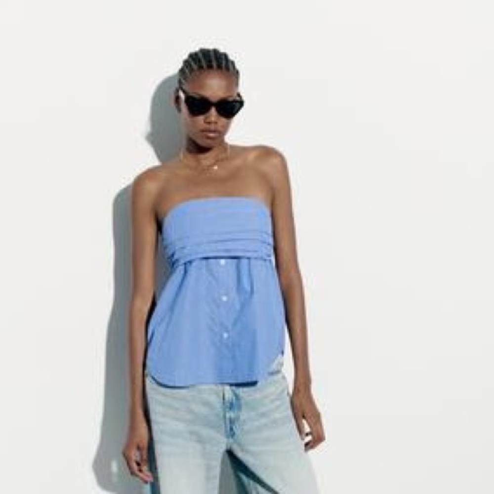 Zara STRETCH POPLIN Strapless TOP BLUE / WHITE Size XL